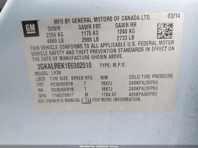 2014 Gmc Terrain Sle-2 მანქანა იყიდება აუქციონზე, vin: 2GKALREK1E6302510, აუქციონის ნომერი: 44961746