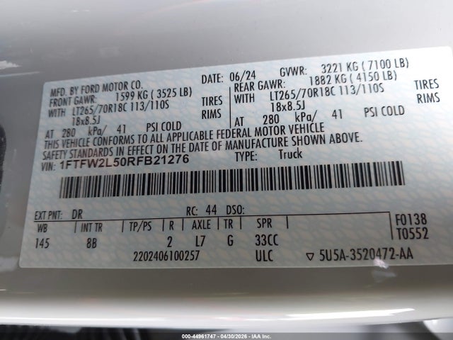 2024 Ford F-150 Stx მანქანა იყიდება აუქციონზე, vin: 1FTFW2L50RFB21276, აუქციონის ნომერი: 44961747