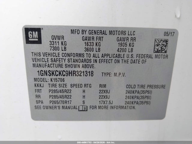 Aukcja sprzedaży 2017 Chevrolet Tahoe Premier, vin: 1GNSKCKC9HR321318, numer aukcji: 44961753