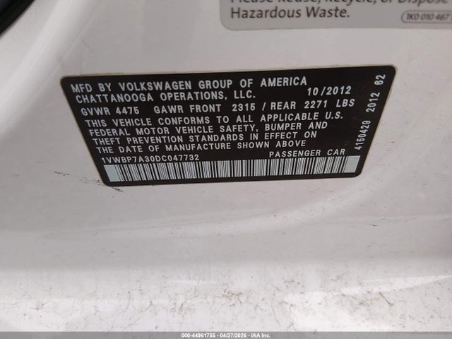 Aukcja sprzedaży 2013 Volkswagen Passat 2.5l Se, vin: 1VWBP7A30DC047732, numer aukcji: 44961755