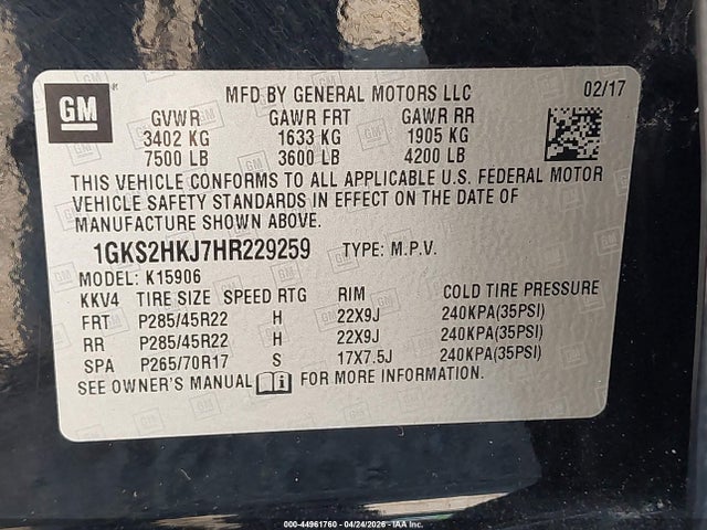 2017 Gmc Yukon Xl Denali მანქანა იყიდება აუქციონზე, vin: 1GKS2HKJ7HR229259, აუქციონის ნომერი: 44961760
