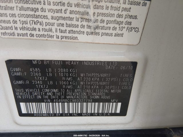 Aukcja sprzedaży 2011 Subaru Outback 2.5i Premium, vin: 4S4BRBCC9B3327798, numer aukcji: 44961762