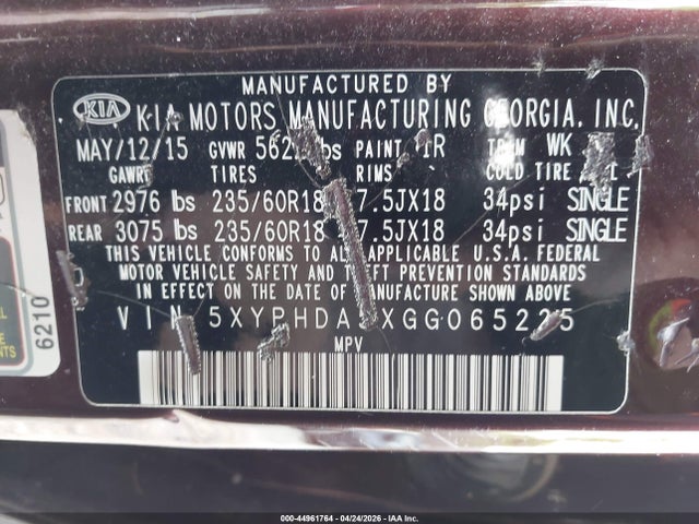 Продаж на аукціоні авто 2016 Kia Sorento 3.3l Ex, vin: 5XYPHDA5XGG065225, номер лоту: 44961764