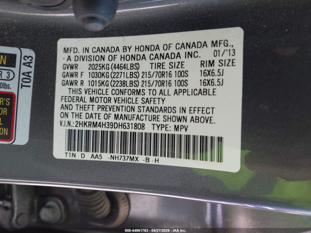 44961763 :رقم المزاد ، 2HKRM4H39DH631808 vin ، 2013 Honda Cr-v Lx مزاد بيع