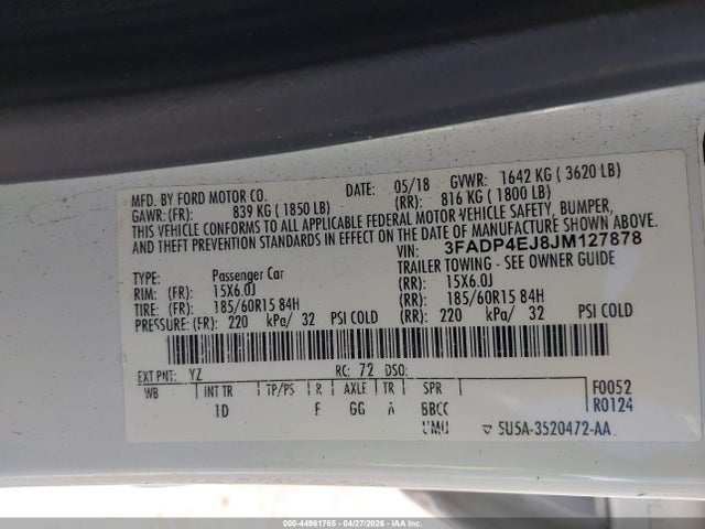 Продажа на аукционе авто 2018 Ford Fiesta Se, vin: 3FADP4EJ8JM127878, номер лота: 44961765