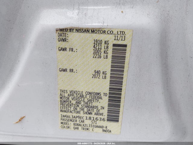 Продажа на аукционе авто 2014 Nissan Altima 2.5 Sl, vin: 1N4AL3AP9EC181636, номер лота: 44961773