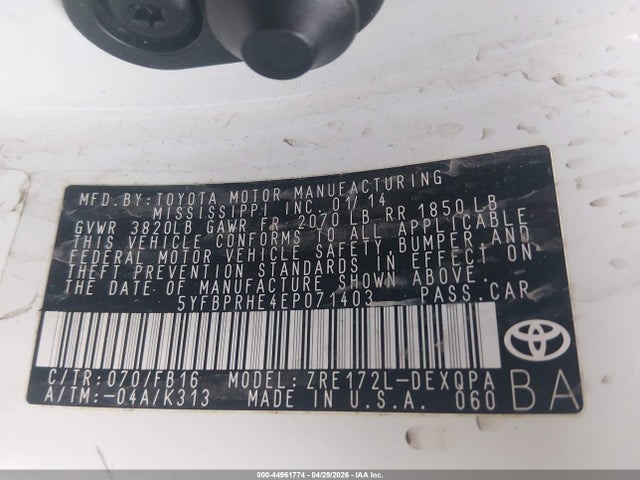 Продаж на аукціоні авто 2014 Toyota Corolla Le Eco, vin: 5YFBPRHE4EP071403, номер лоту: 44961774