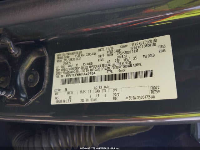 44961777 :رقم المزاد ، 1FTEW1EF6HFA49784 vin ، 2017 Ford F-150 Xl مزاد بيع
