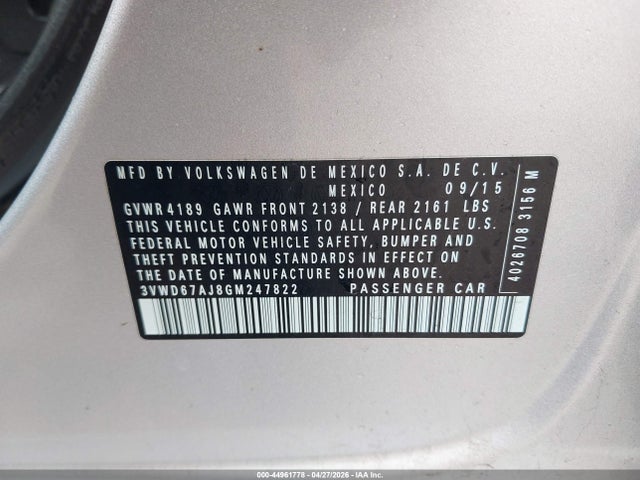 Продаж на аукціоні авто 2016 Volkswagen Jetta 1.4t Se, vin: 3VWD67AJ8GM247822, номер лоту: 44961778