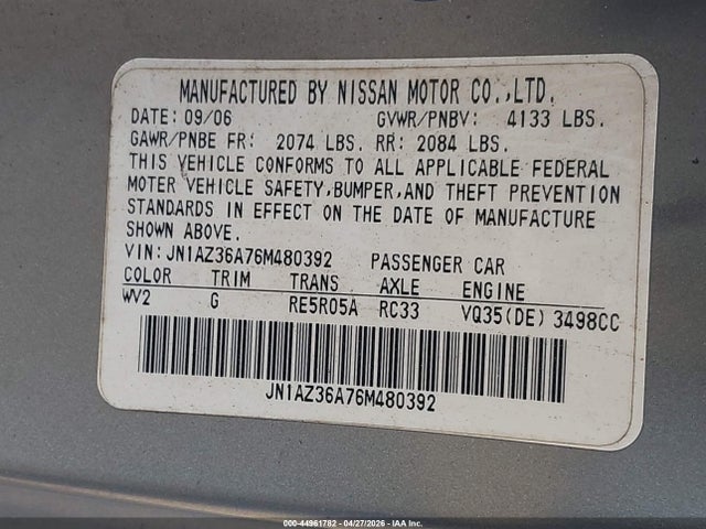 Aukcja sprzedaży 2006 Nissan 350z Touring, vin: JN1AZ36A76M480392, numer aukcji: 44961782