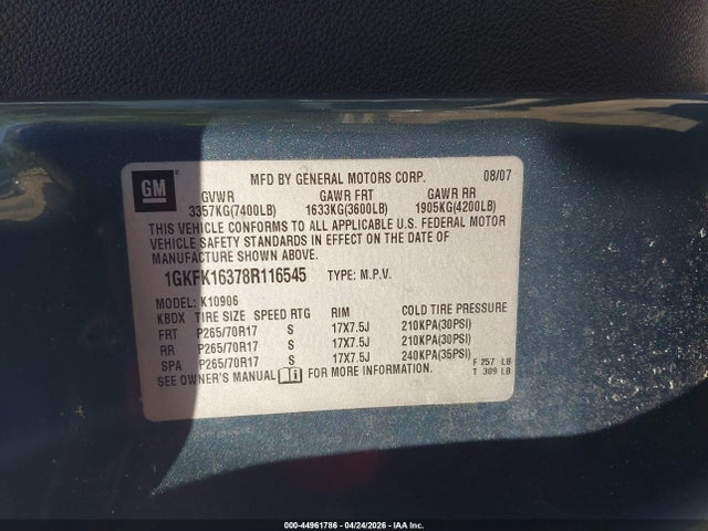Продаж на аукціоні авто 2008 Gmc Yukon Xl 1500 Slt, vin: 1GKFK16378R116545, номер лоту: 44961786