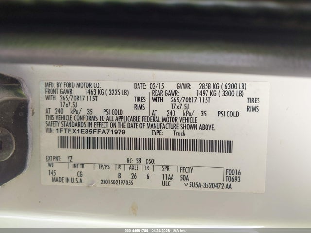 Продажа на аукционе авто 2015 Ford F-150 Xl, vin: 1FTEX1E85FFA71979, номер лота: 44961789