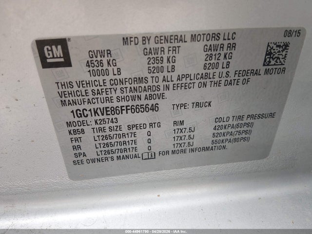 2015 Chevrolet Silverado 2500hd Lt მანქანა იყიდება აუქციონზე, vin: 1GC1KVE86FF665646, აუქციონის ნომერი: 44961790