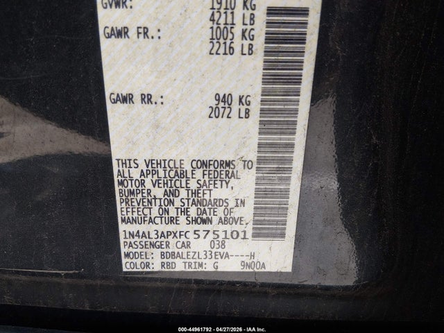 44961792 :رقم المزاد ، 1N4AL3APXFC575101 vin ، 2015 Nissan Altima 2.5 S مزاد بيع