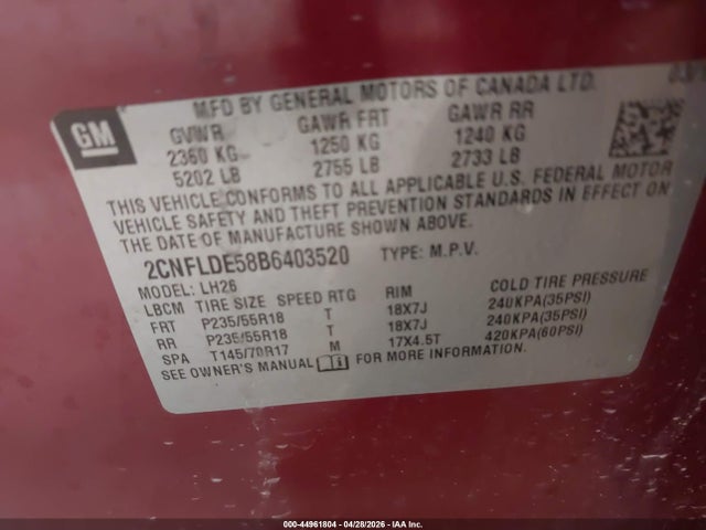 Продажа на аукционе авто 2011 Chevrolet Equinox 1lt, vin: 2CNFLDE58B6403520, номер лота: 44961804