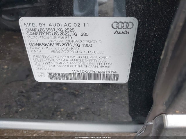 Продаж на аукціоні авто 2011 Audi Q5 3.2 Premium Plus, vin: WA1DKAFP0BA081854, номер лоту: 44961806