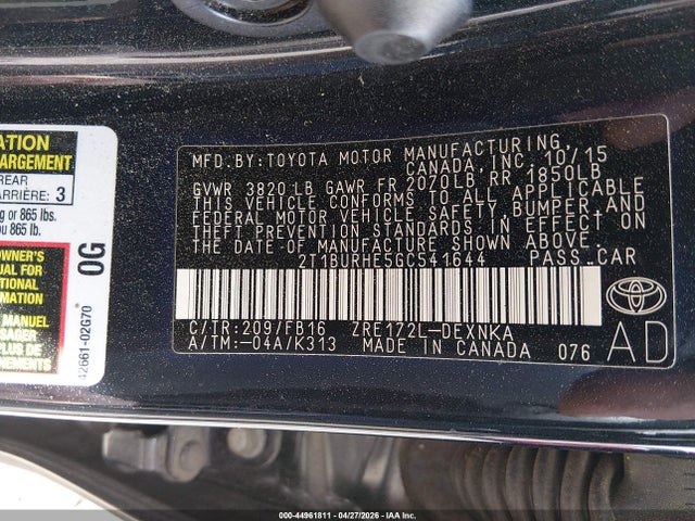 44961811 :رقم المزاد ، 2T1BURHE5GC541644 vin ، 2016 Toyota Corolla Le مزاد بيع