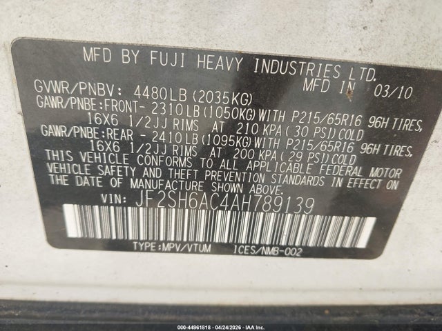 Aukcja sprzedaży 2010 Subaru Forester 2.5x, vin: JF2SH6AC4AH789139, numer aukcji: 44961818