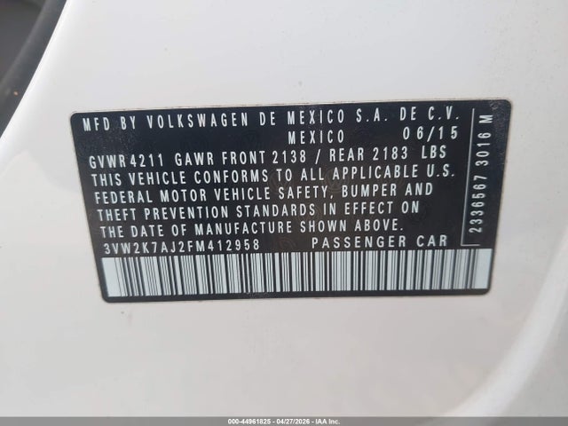 Aukcja sprzedaży 2015 Volkswagen Jetta 2.0l S, vin: 3VW2K7AJ2FM412958, numer aukcji: 44961825