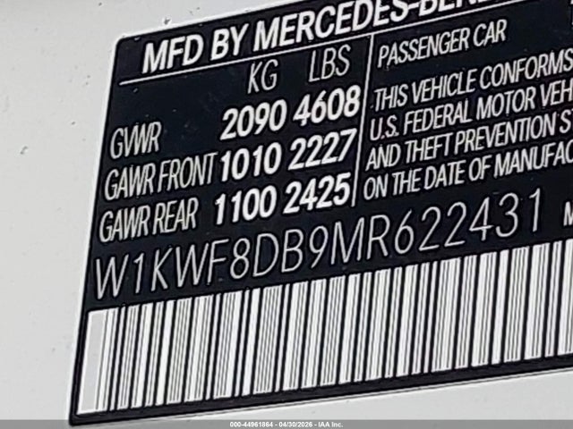 2021 Mercedes-benz C 300 Sedan მანქანა იყიდება აუქციონზე, vin: W1KWF8DB9MR622431, აუქციონის ნომერი: 44961864
