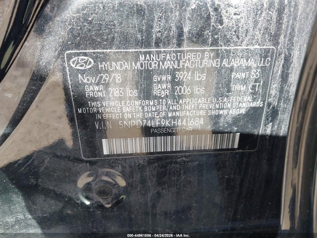 44961886 :رقم المزاد ، 5NPD74LF9KH441684 vin ، 2019 Hyundai Elantra Se مزاد بيع
