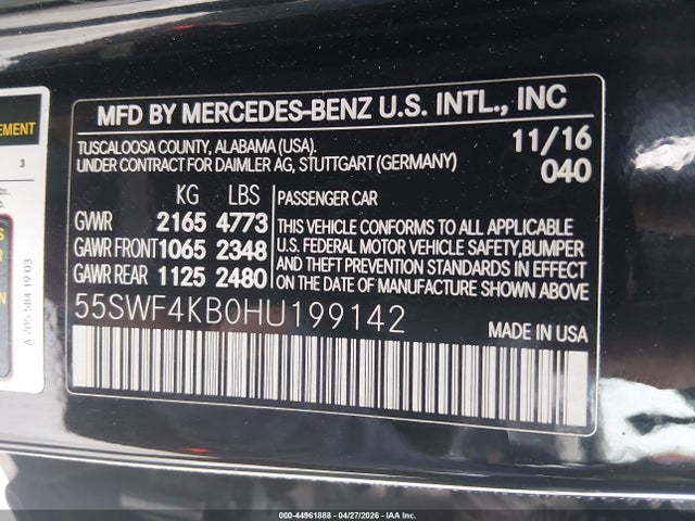Aukcja sprzedaży 2017 Mercedes-benz C 300 4matic, vin: 55SWF4KB0HU199142, numer aukcji: 44961888