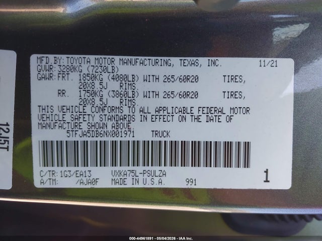 44961891 :رقم المزاد ، 5TFJA5DB6NX001971 vin ، 2022 Toyota Tundra Limited مزاد بيع