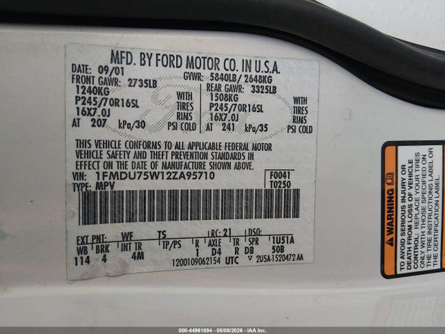 Auction sale of the 2002 Ford Explorer Limited, vin: 1FMDU75W12ZA95710, lot number: 44961894