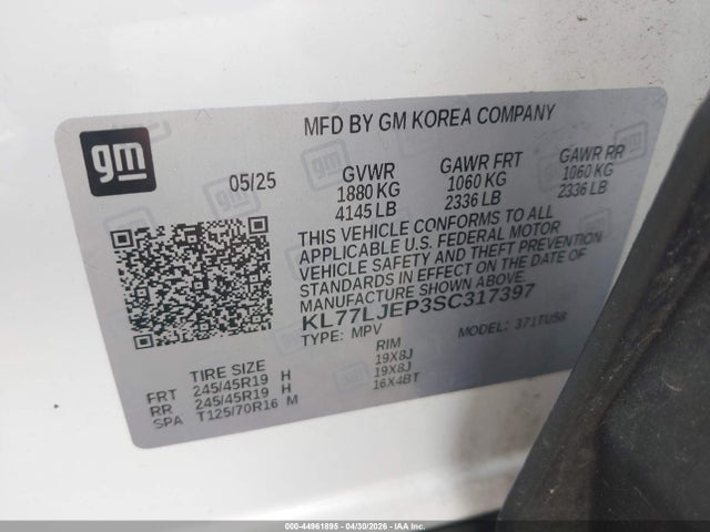 Продаж на аукціоні авто 2025 Chevrolet Trax Fwd 2rs, vin: KL77LJEP3SC317397, номер лоту: 44961895
