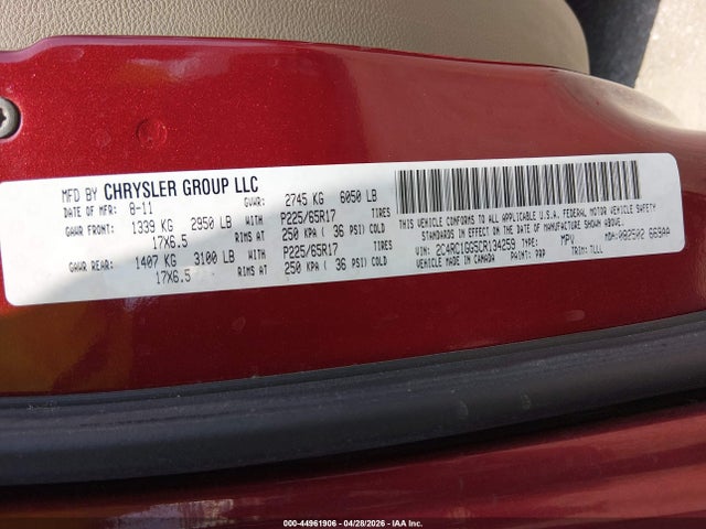 2012 Chrysler Town & Country Limited მანქანა იყიდება აუქციონზე, vin: 2C4RC1GG5CR134259, აუქციონის ნომერი: 44961906