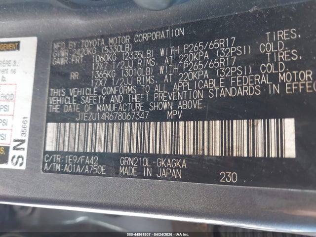2007 Toyota 4runner Sr5 V6 მანქანა იყიდება აუქციონზე, vin: JTEZU14R678067347, აუქციონის ნომერი: 44961907