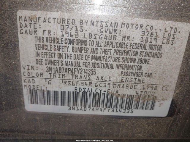 Продаж на аукціоні авто 2015 Nissan Sentra S, vin: 3N1AB7AP4FY314335, номер лоту: 44961908