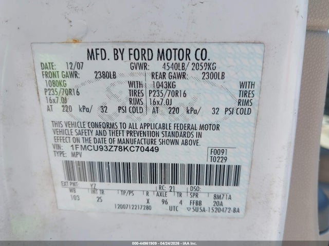 44961909 :رقم المزاد ، 1FMCU93Z78KC70449 vin ، 2008 Ford Escape Xlt مزاد بيع