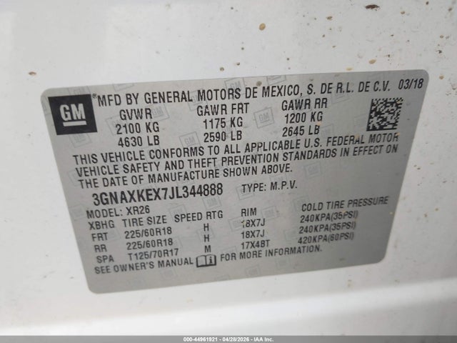 Aukcja sprzedaży 2018 Chevrolet Equinox Lt, vin: 3GNAXKEX7JL344888, numer aukcji: 44961921
