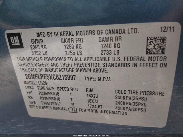 2012 Chevrolet Equinox 2lt მანქანა იყიდება აუქციონზე, vin: 2GNFLPE5XC6215807, აუქციონის ნომერი: 44961925