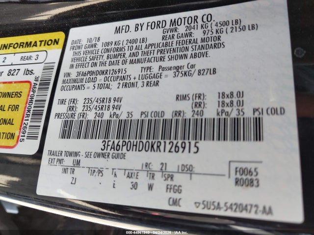 2019 Ford Fusion Se მანქანა იყიდება აუქციონზე, vin: 3FA6P0HD0KR126915, აუქციონის ნომერი: 44961940