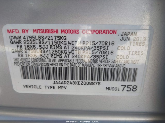 Aukcja sprzedaży 2014 Mitsubishi Outlander Es, vin: JA4AD2A3XEZ008875, numer aukcji: 44961941