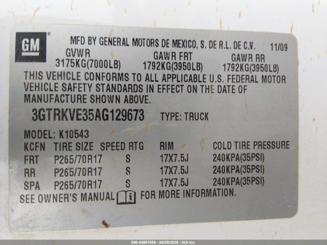 Продаж на аукціоні авто 2010 Gmc Sierra 1500 Sle, vin: 3GTRKVE35AG129673, номер лоту: 44961959