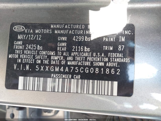 Продажа на аукционе авто 2012 Kia Optima Lx, vin: 5XXGM4A75CG081862, номер лота: 44961960