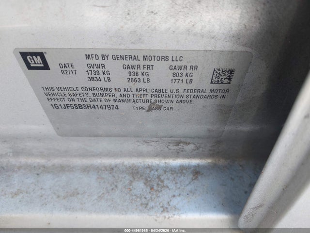 Продаж на аукціоні авто 2017 Chevrolet Sonic Premier Auto, vin: 1G1JF5SB3H4147974, номер лоту: 44961965