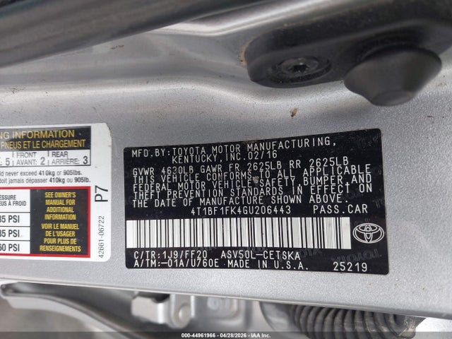 Aukcja sprzedaży 2016 Toyota Camry Se, vin: 4T1BF1FK4GU206443, numer aukcji: 44961966