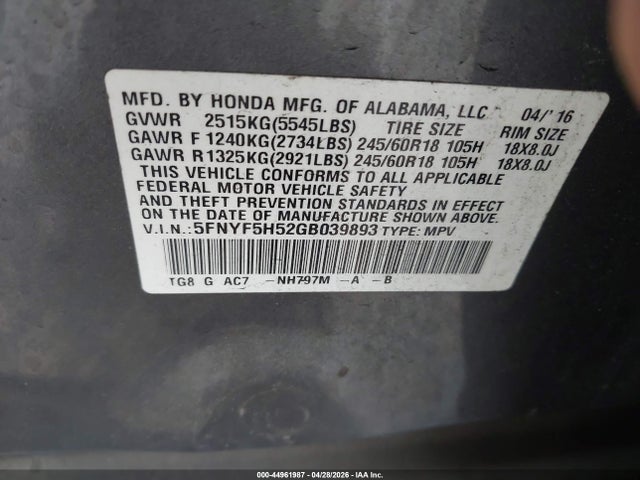5FNYF5H52GB039893 Honda Pilot Ex-l