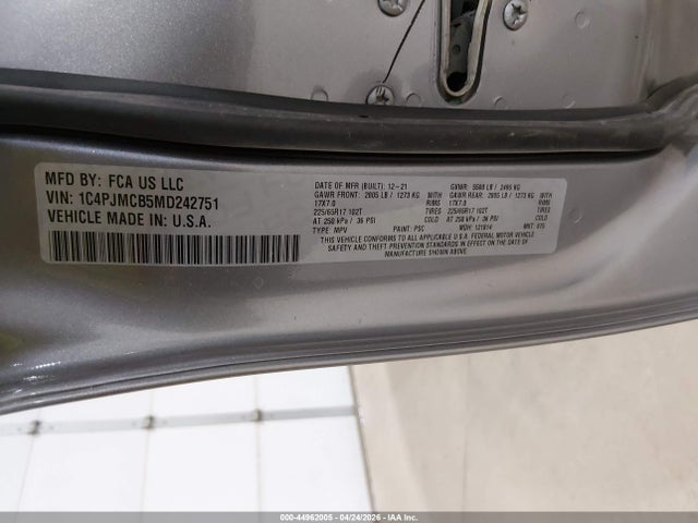 Aukcja sprzedaży 2021 Jeep Cherokee Latitude 4x4, vin: 1C4PJMCB5MD242751, numer aukcji: 44962005