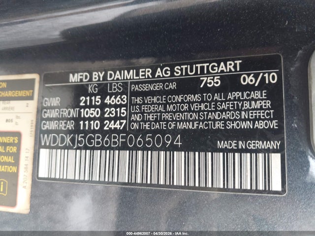 44962007 :رقم المزاد ، WDDKJ5GB6BF065094 vin ، 2011 Mercedes-benz E 350 مزاد بيع