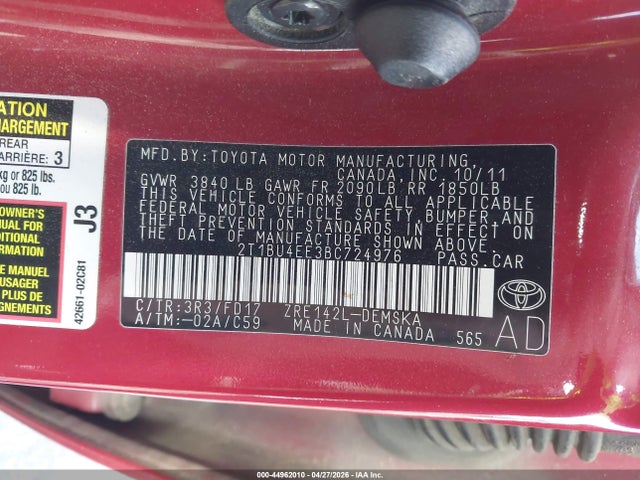 2011 Toyota Corolla S მანქანა იყიდება აუქციონზე, vin: 2T1BU4EE3BC724976, აუქციონის ნომერი: 44962010