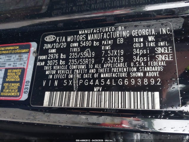 44962012 :رقم المزاد ، 5XYPG4A54LG693892 vin ، 2020 Kia Sorento 3.3l S مزاد بيع