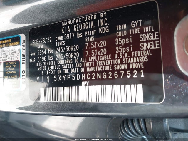 Aukcja sprzedaży 2022 Kia Telluride Sx, vin: 5XYP5DHC2NG267521, numer aukcji: 44962013