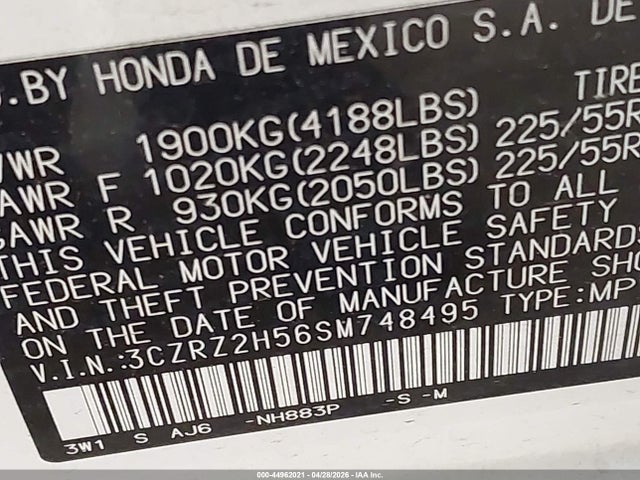 44962021 :رقم المزاد ، 3CZRZ2H56SM748495 vin ، 2025 Honda Hr-v Awd Sport مزاد بيع
