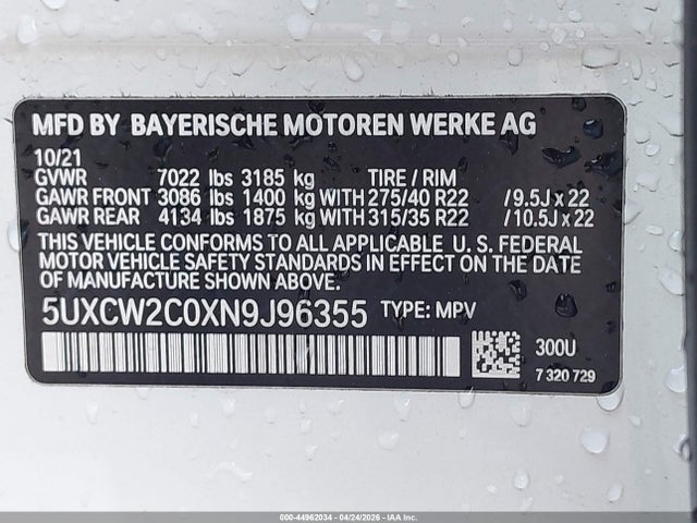 Aukcja sprzedaży 2022 Bmw X7 Xdrive40i, vin: 5UXCW2C0XN9J96355, numer aukcji: 44962034