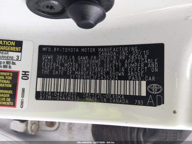 44962038 :رقم المزاد ، 2T1BURHE3FC435224 vin ، 2015 Toyota Corolla S Plus مزاد بيع